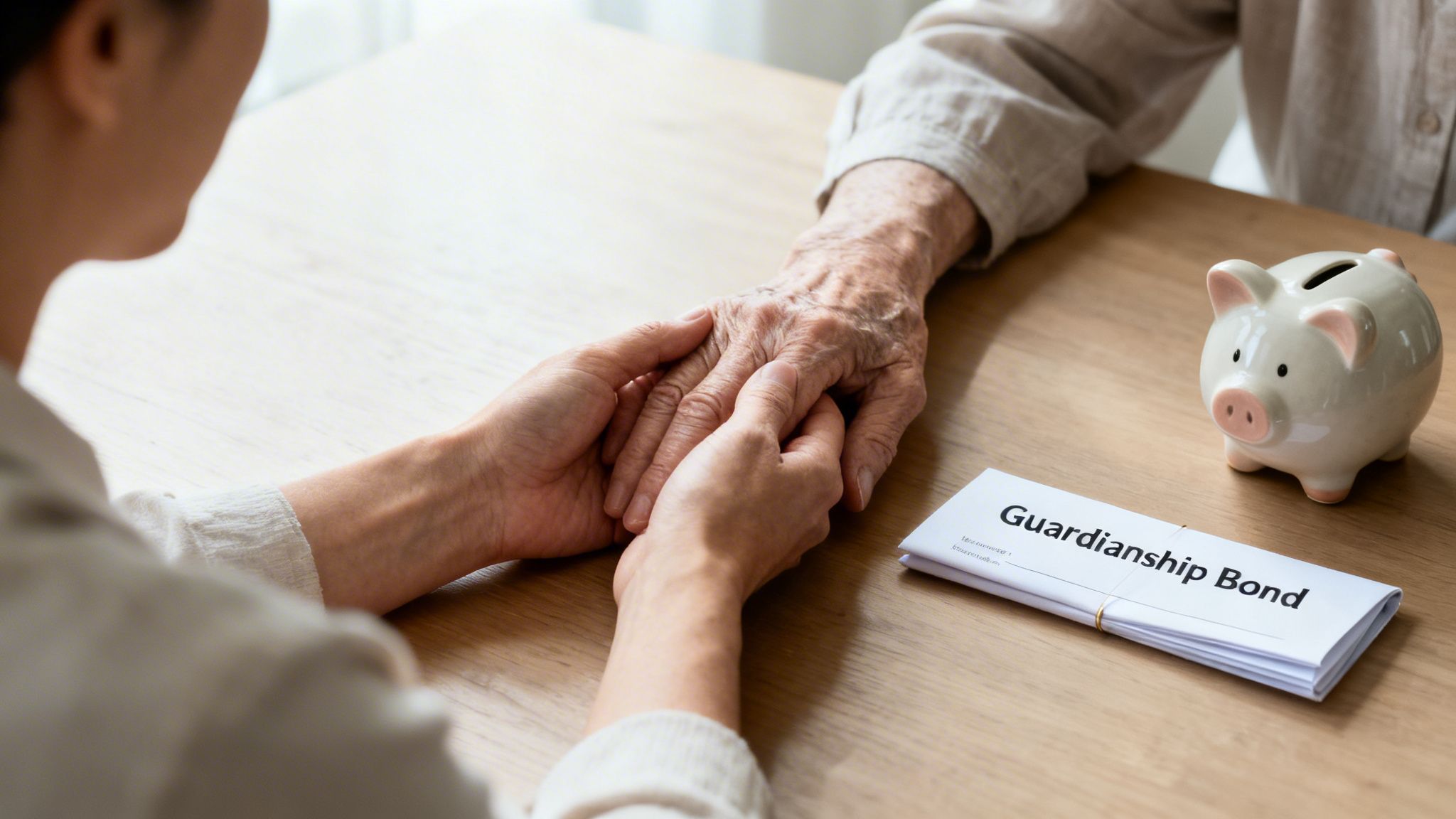 A younger person holding an elder's hand, next to a guardianship bond document and piggy bank.