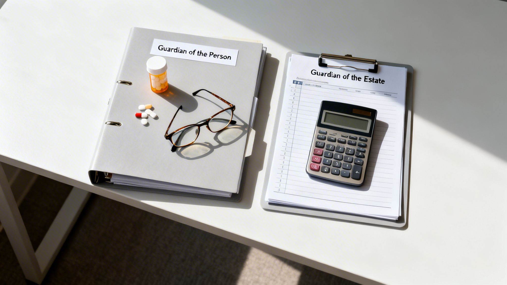 Legal documents for guardianship: 'Guardian of the Person' with pills and 'Guardian of the Estate' with a calculator.