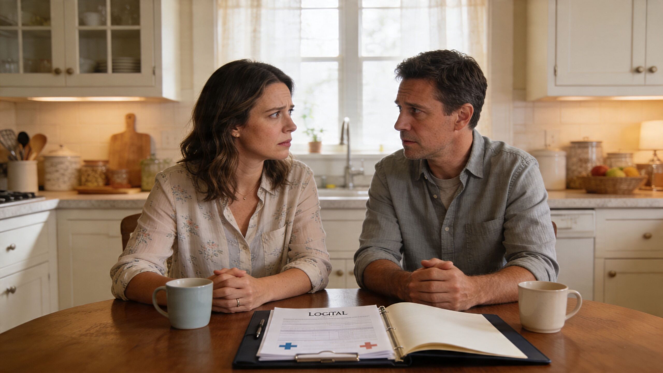 A couple sits at a kitchen table discussing serious legal documents in a binder while drinking coffee.