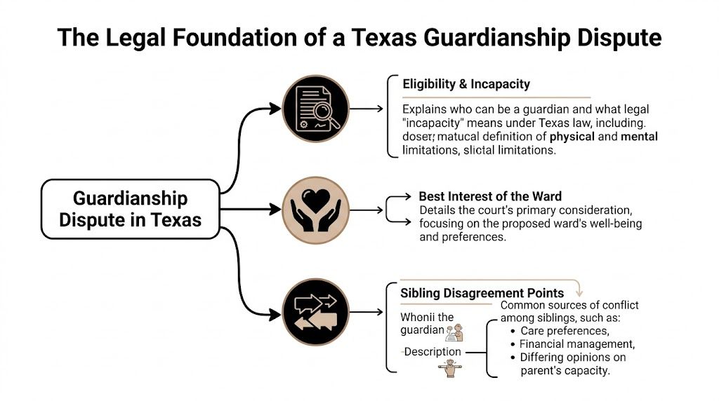 A diagram outlining the legal foundation and common sources of a guardianship dispute in Texas.