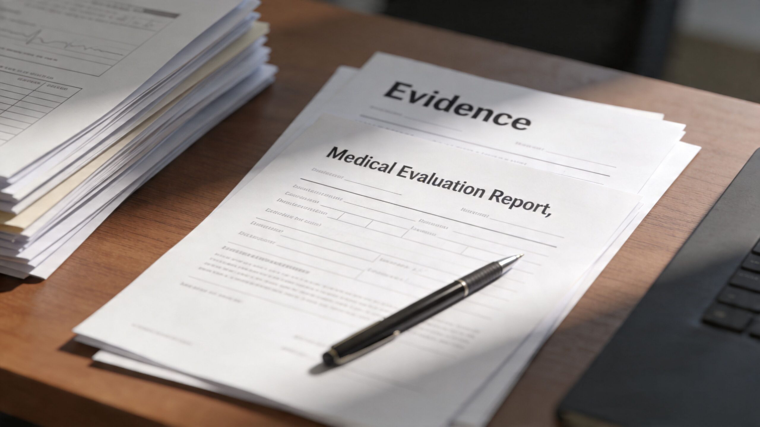 A stack of legal documents including a medical evaluation report and evidence paperwork on a desk.
