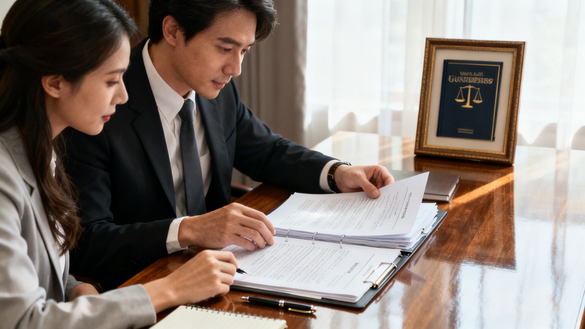 A professional man and woman review legal documents at a wooden desk with a law emblem nearby.