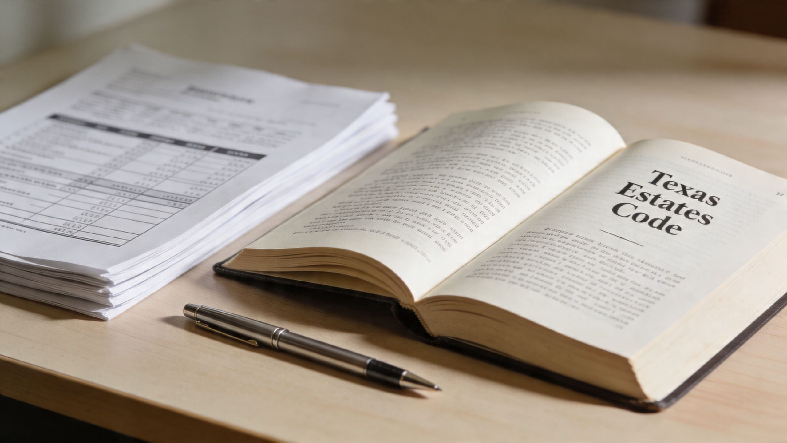 A stack of paperwork, a pen, and an open Texas Estates Code book sitting on a wooden desk.