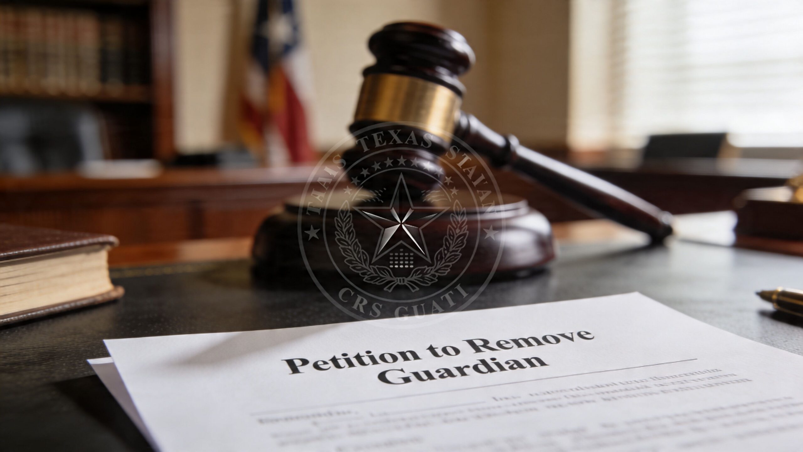A gavel resting on a legal document titled Petition to Remove Guardian in a courtroom setting.