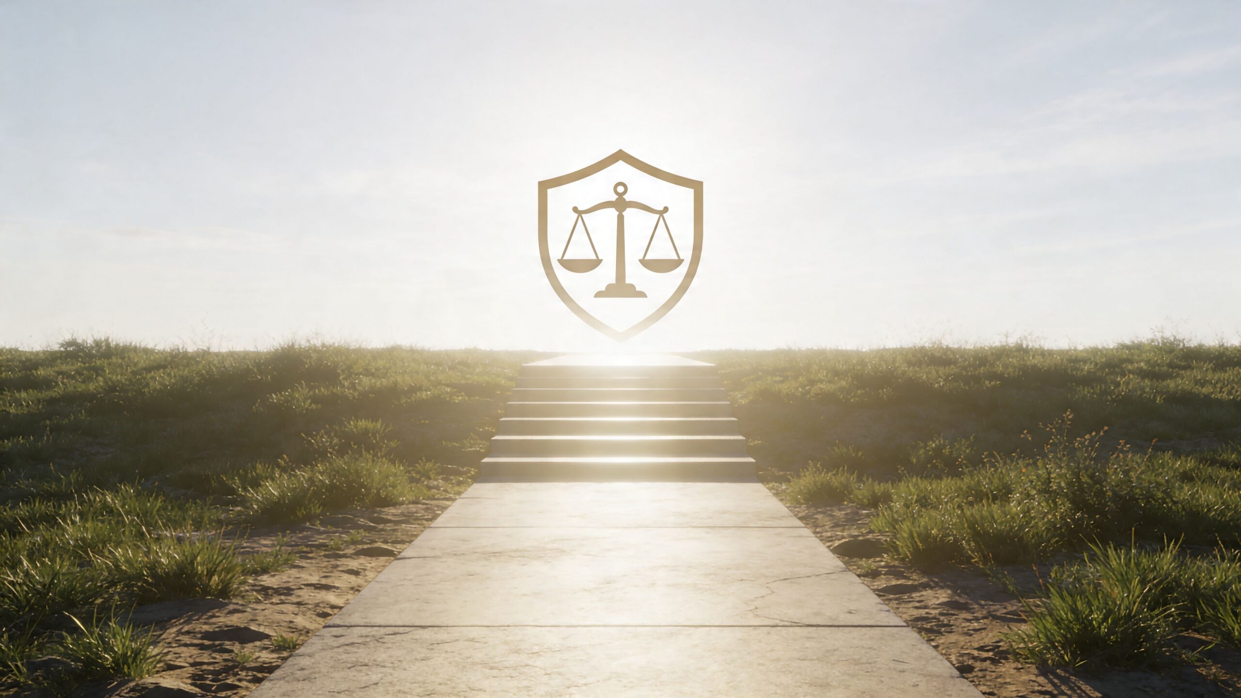 A conceptual image featuring a set of justice scales inside a shield floating above a stone path.