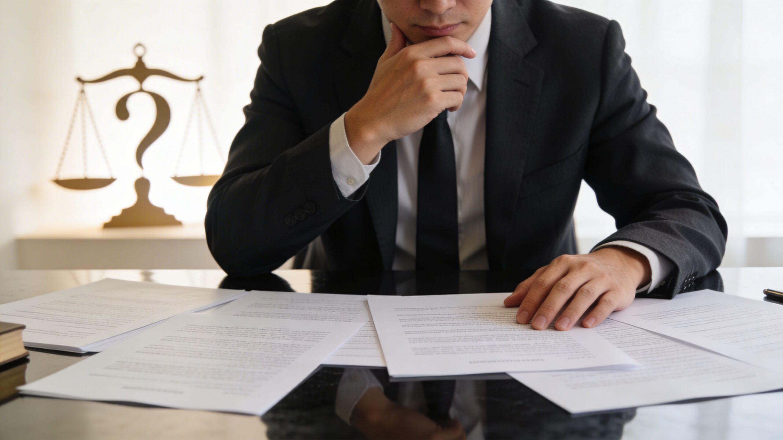 A lawyer in a suit sitting at a desk examining legal documents with a scale of justice behind.
