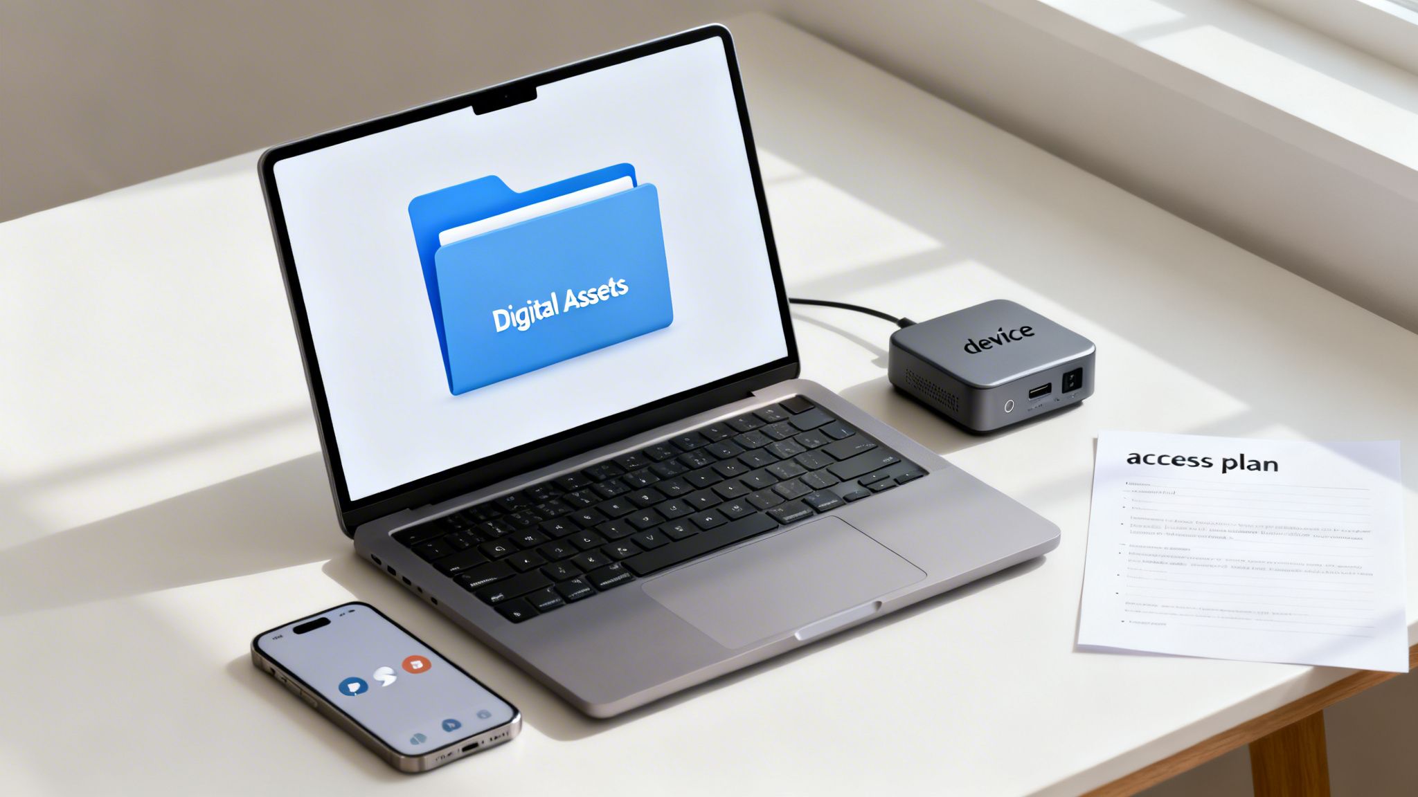 A laptop displaying "Digital Assets" with a smartphone, external device, and an access plan on a desk.