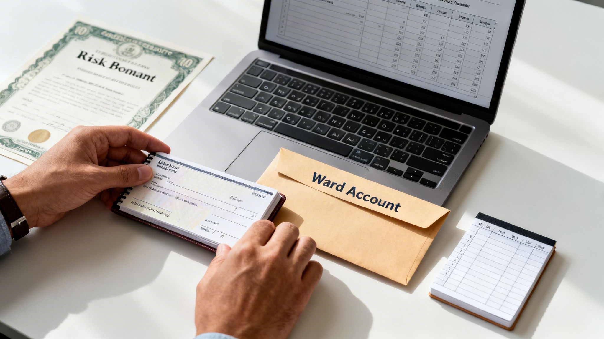Hands holding a checkbook next to a laptop with financial data and an envelope for a ward account.