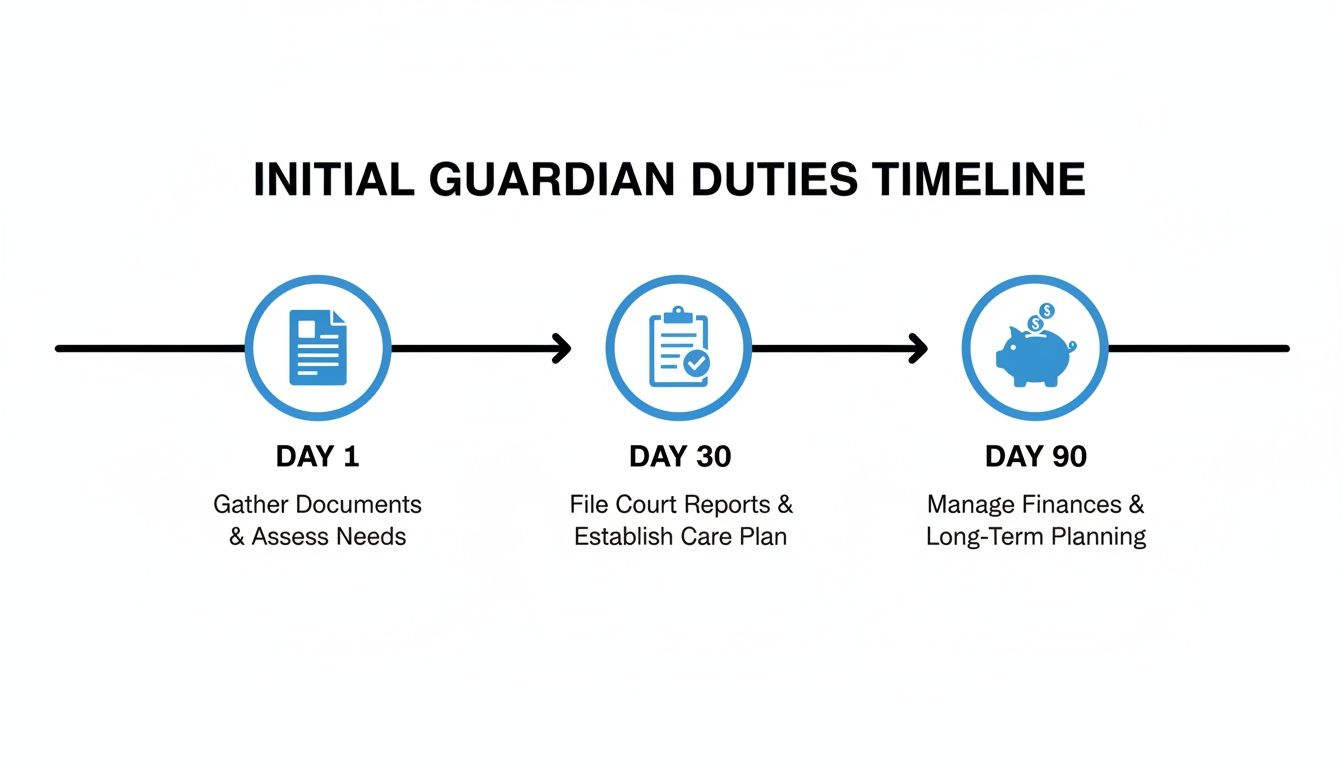 A timeline illustrating initial guardian duties: Day 1 for document gathering, Day 30 for court reports, and Day 90 for finance management.