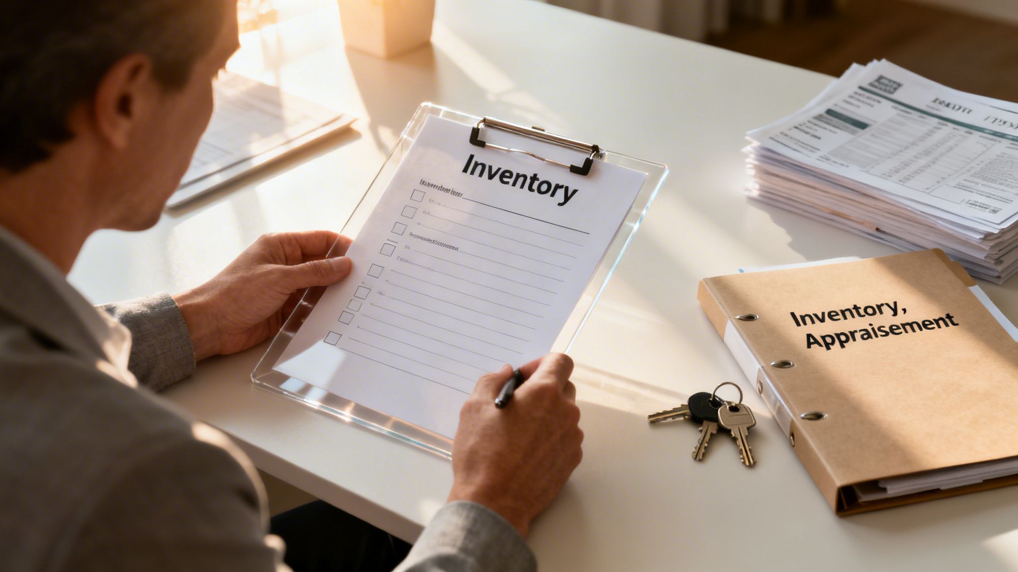 A person reviews an inventory checklist on a clipboard with a pen, next to an "Inventory, Appraisement" folder.