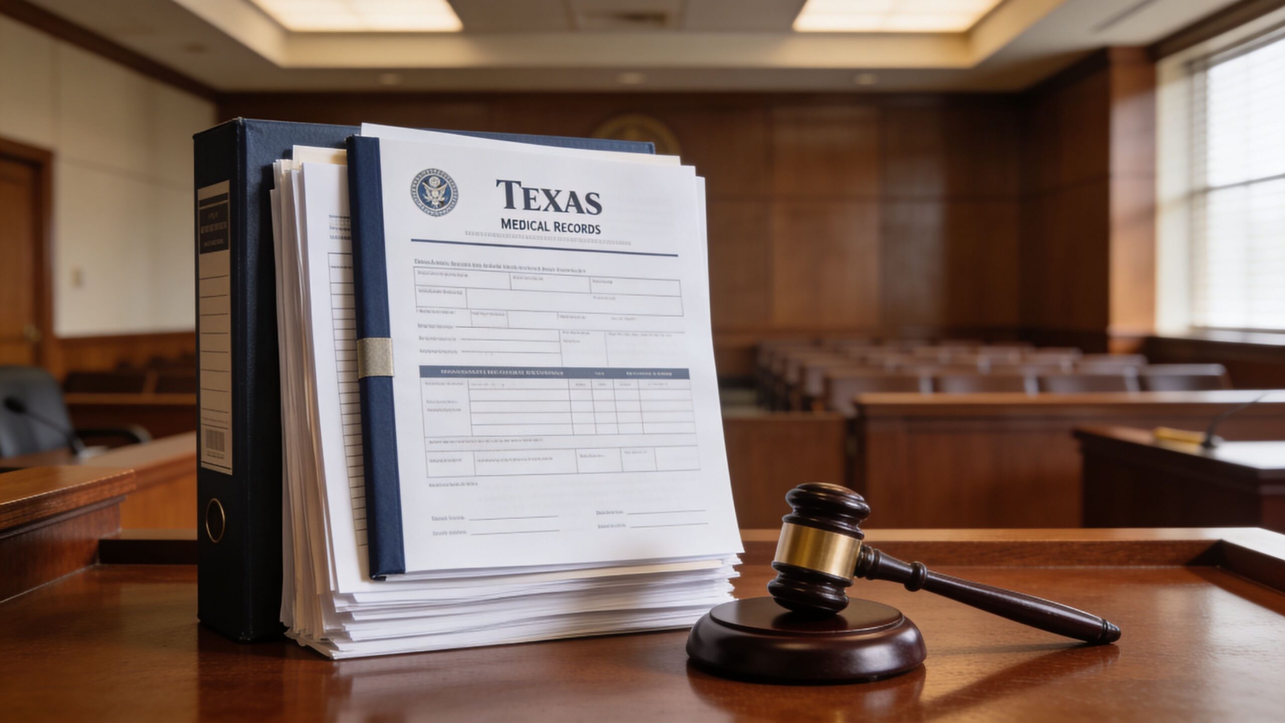 A gavel sits on a wooden surface beside a binder filled with Texas medical records documentation.