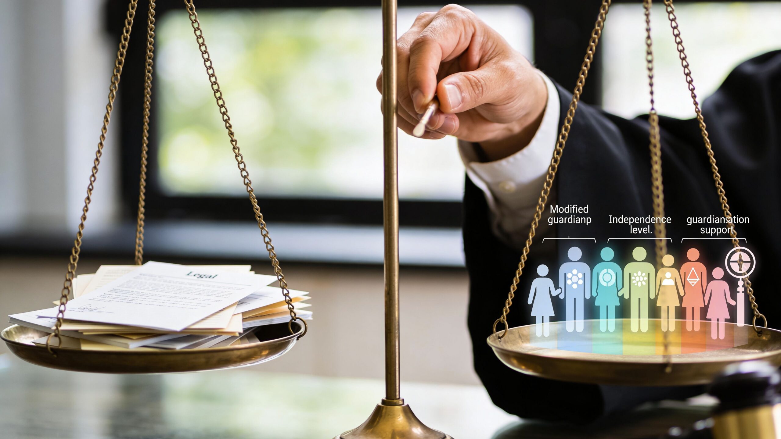 A judge balancing legal documents and graphic icons representing guardianship levels on a courtroom scale.