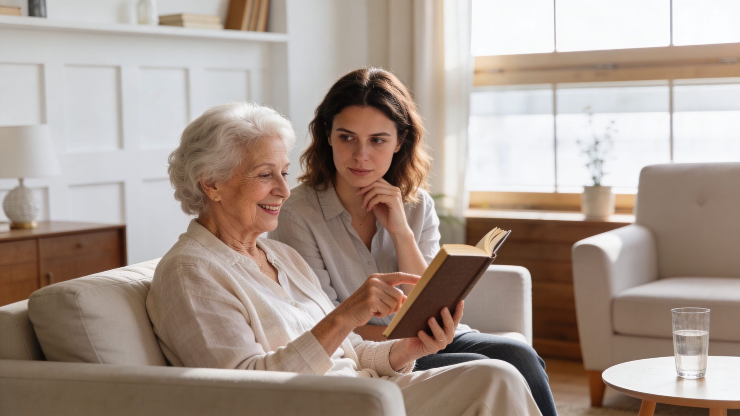 A young woman sitting on a couch with her elderly mother while reading a book together indoors.