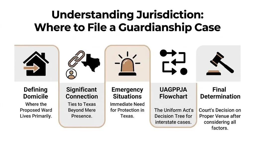An infographic showing steps for determining guardianship jurisdiction, including domicile, significant connections, and legal decision trees.