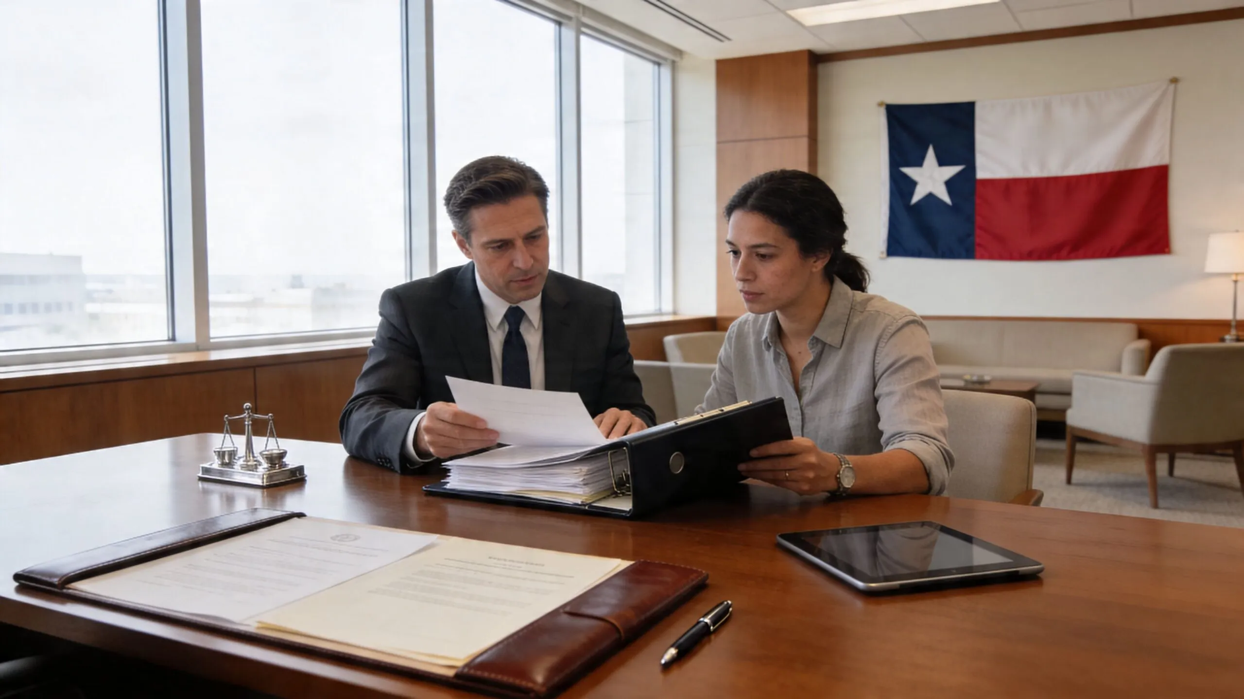 A professional attorney discussing legal documents with a client in a modern office with a Texas flag.