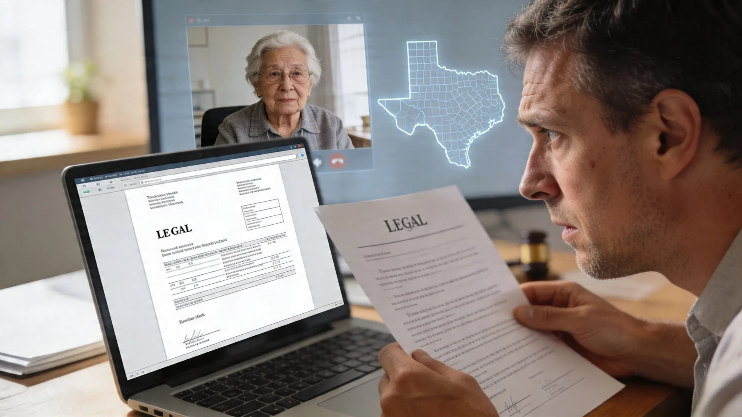 A man reviewing legal documents while having a video conference with an elderly woman regarding Texas law.