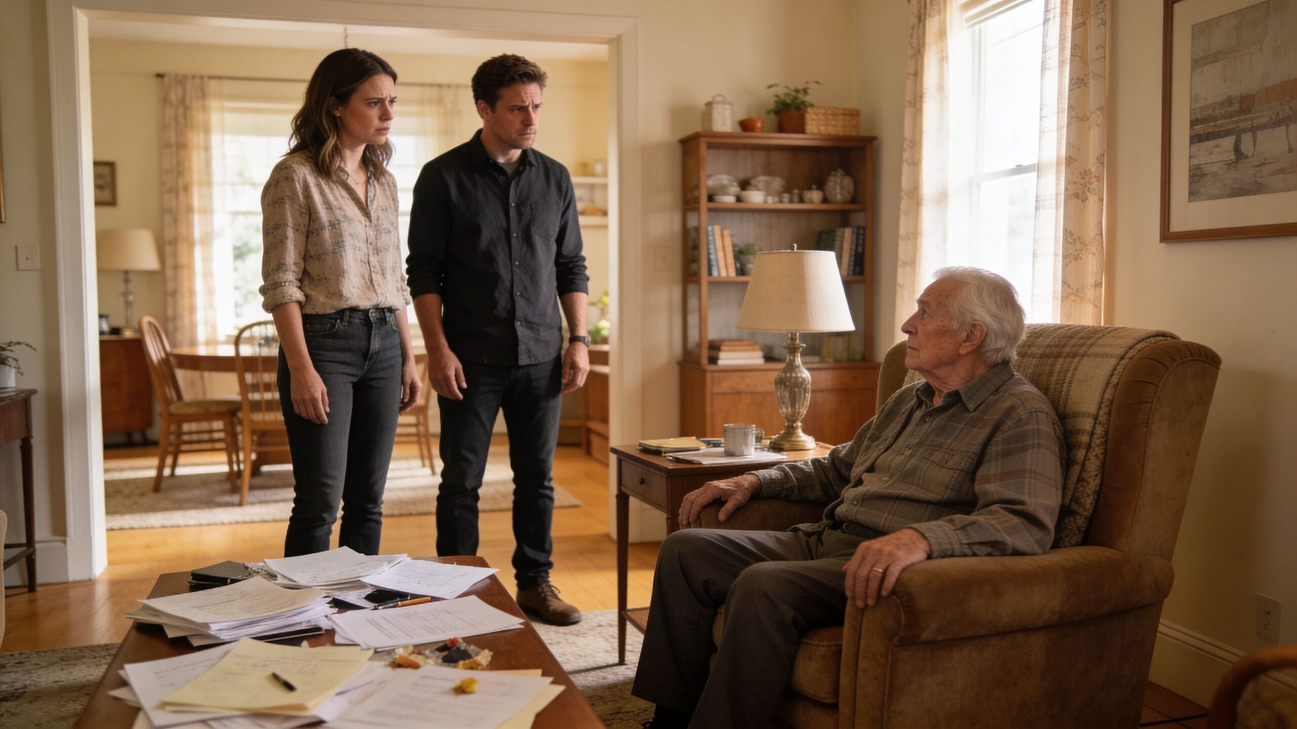 Two people standing in a living room looking concerned at an elderly man seated in an armchair.