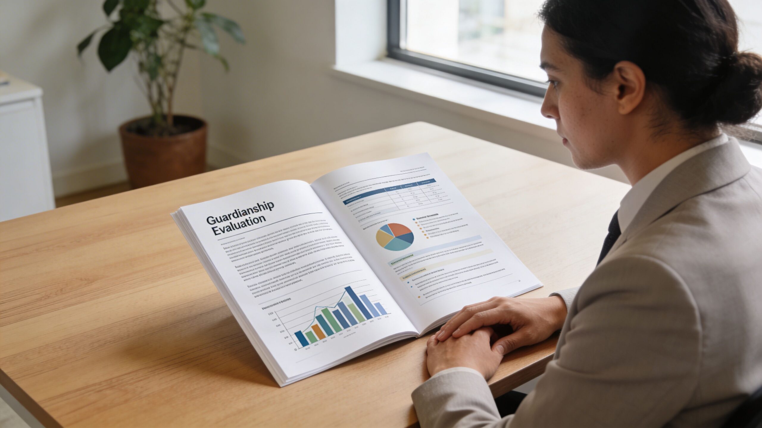 A professional woman in a suit sitting at a wooden desk reviewing a printed guardianship evaluation report.