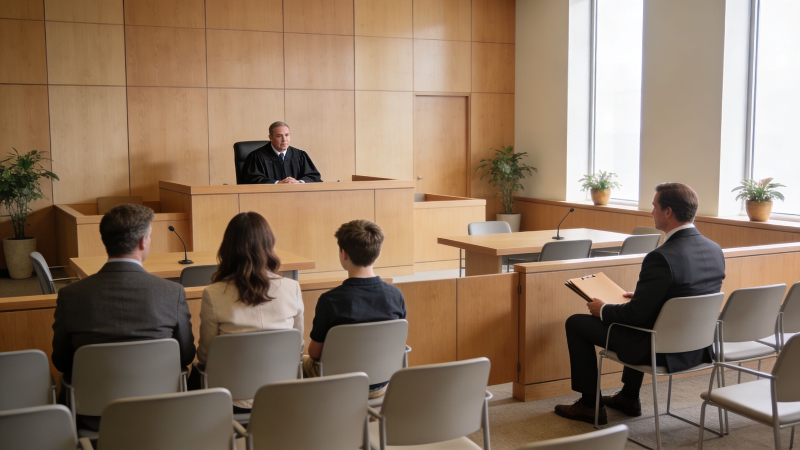 A judge sits in a courtroom with a family and an attorney sitting in front of them.
