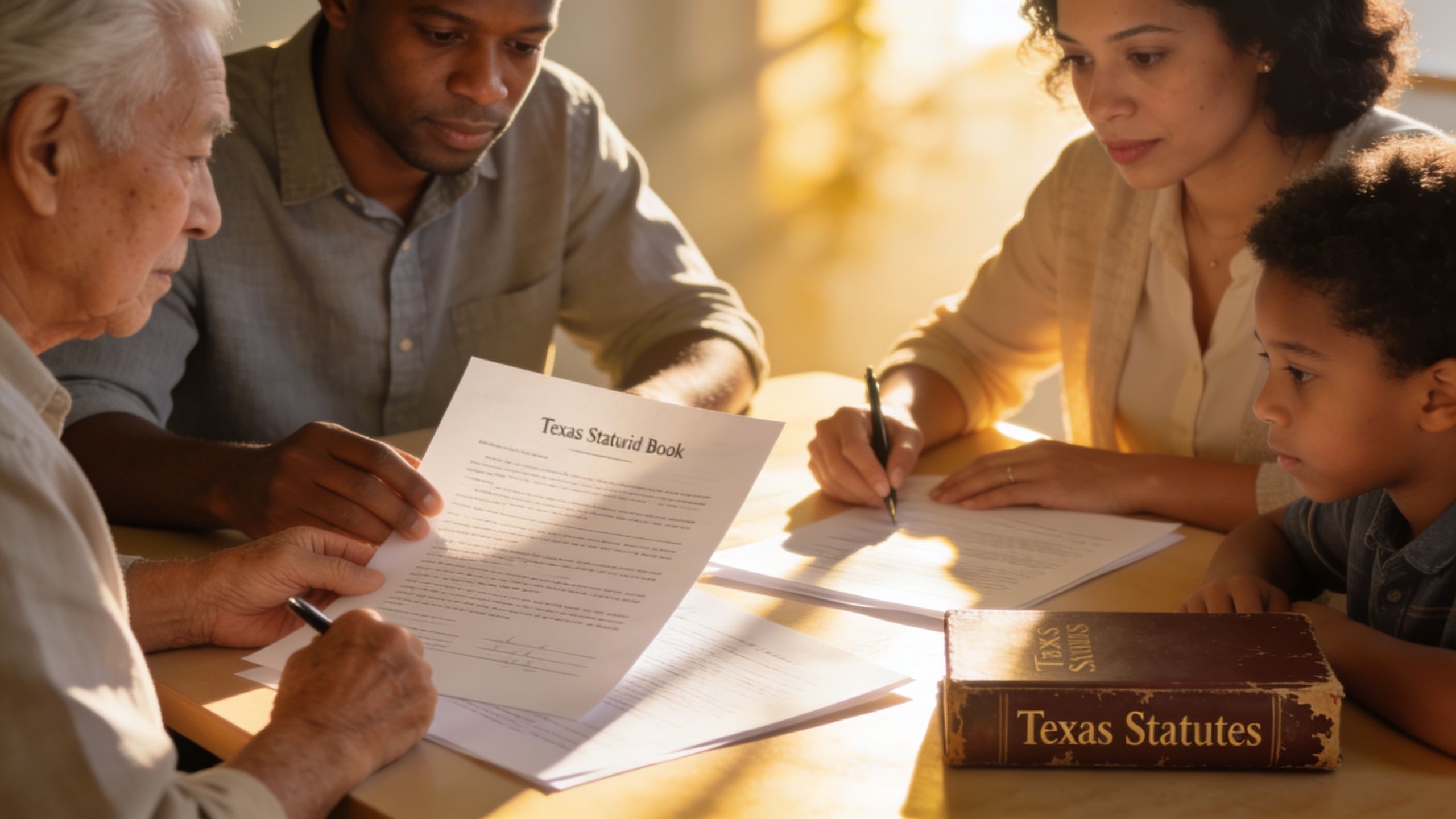 An elderly man, an adult couple, and a young child review legal Texas statute documents together at a table.