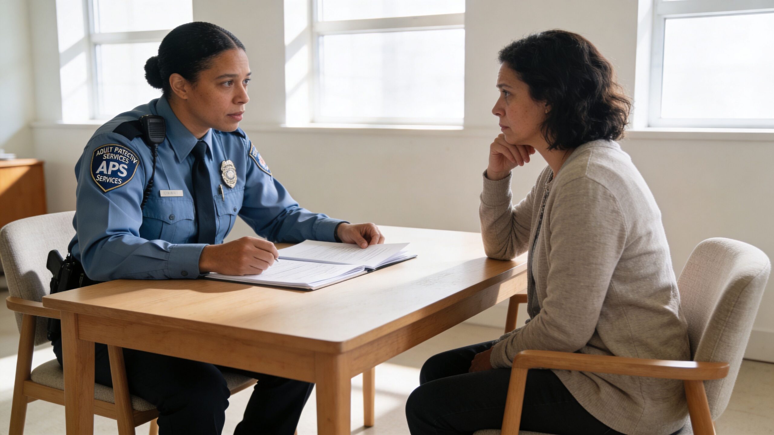 An Adult Protective Services officer interviews a concerned woman at a table during a formal meeting.
