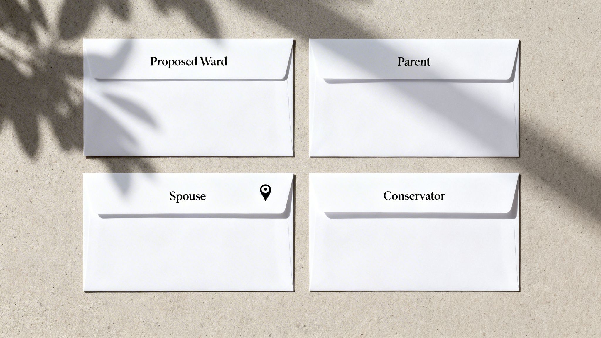 Four white envelopes labeled Proposed Ward, Parent, Spouse, and Conservator, indicating legal roles.