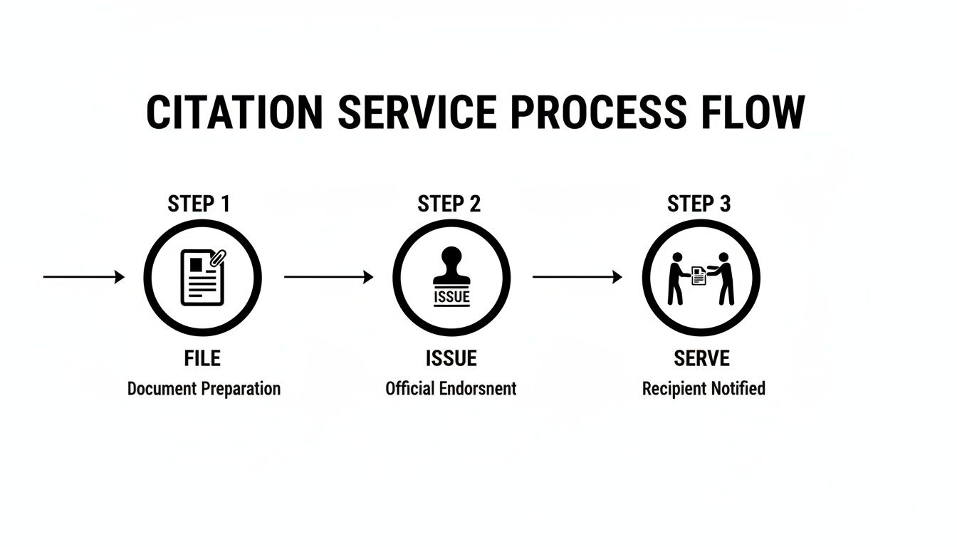 A clear, three-step process flow diagram illustrating citation service: file, issue, and serve.