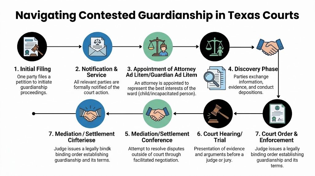 A flow chart illustrating the seven steps involved in navigating a contested guardianship process in Texas courts.
