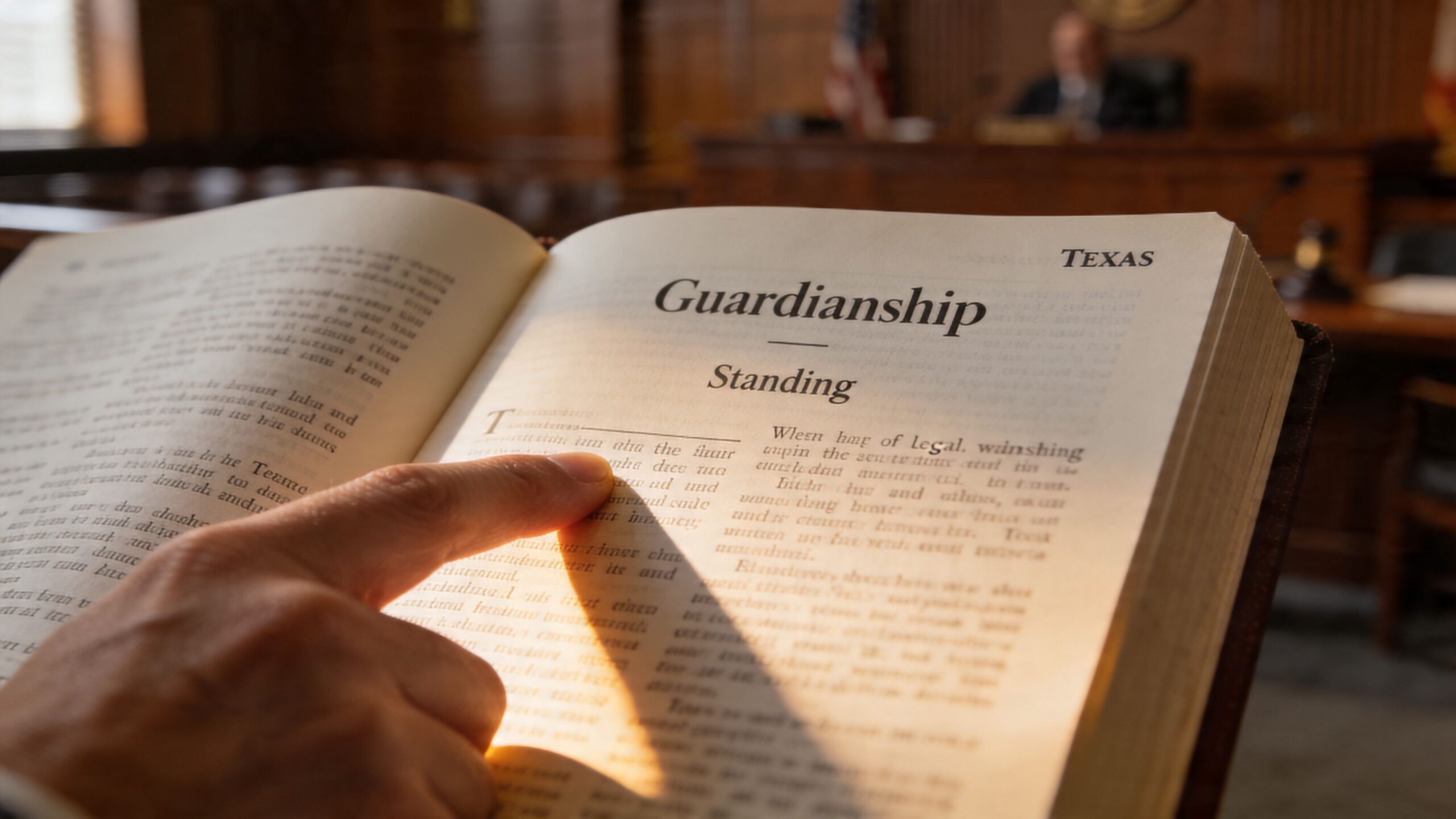 A close-up view of a person pointing to text in a Texas guardianship law book in court.