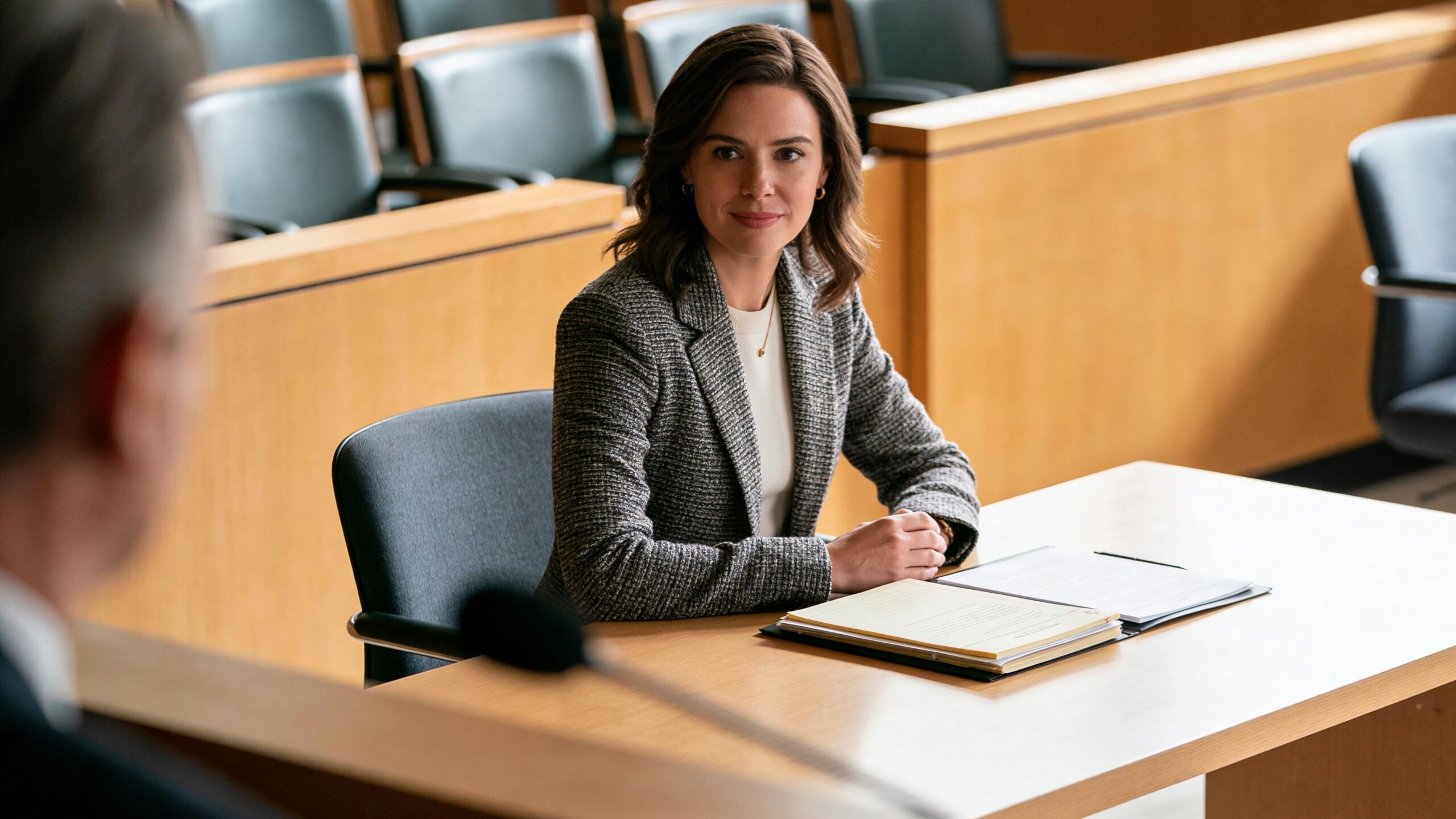 A professional woman in a blazer sitting at a wooden courtroom table with legal documents.
