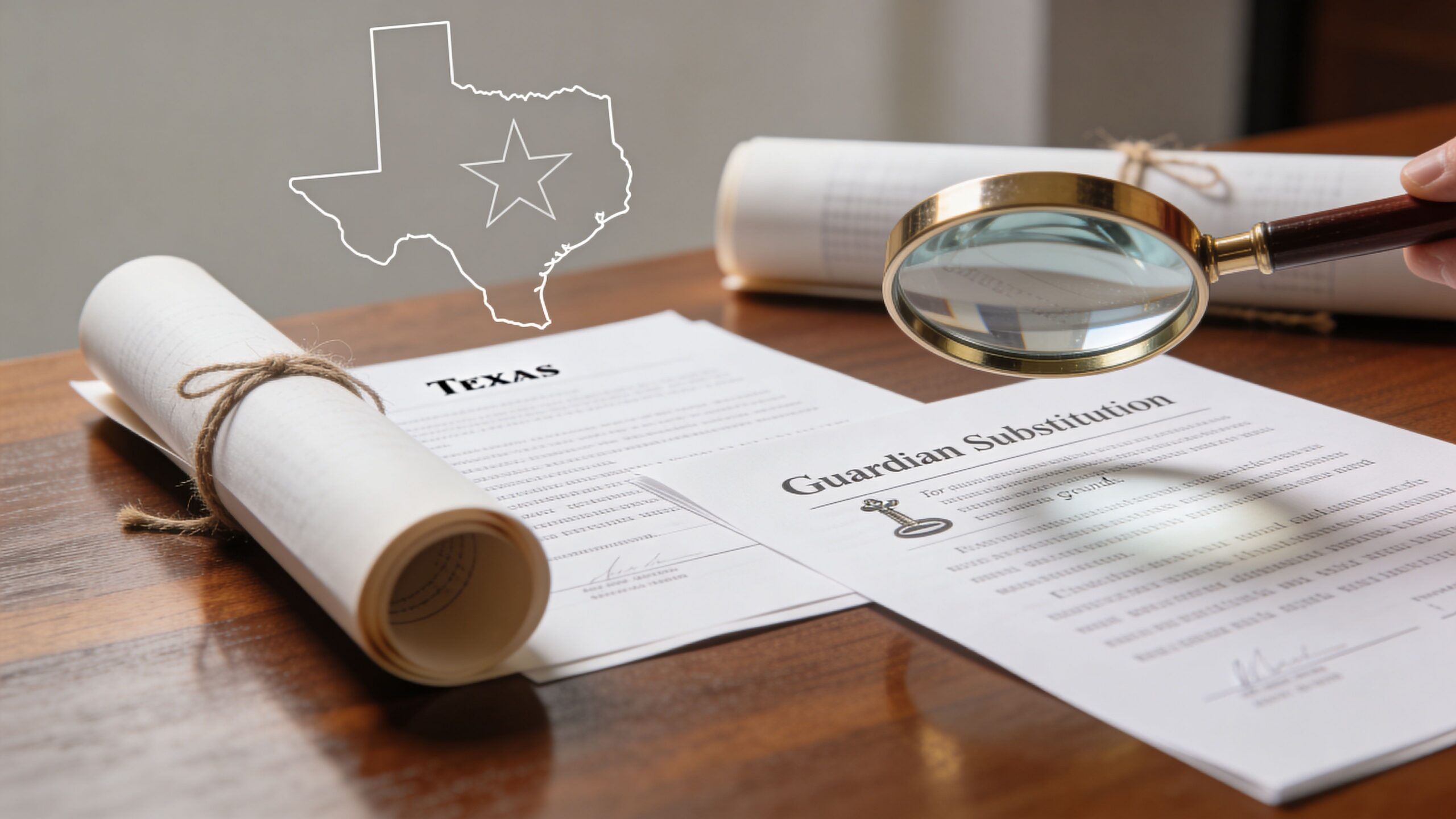 A magnifying glass examining a Guardian Substitution document on a desk with a Texas state outline graphic.
