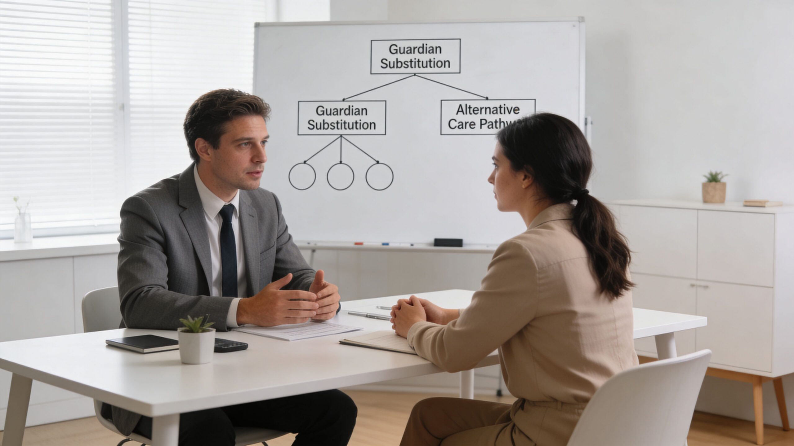 A professional man and woman sitting across from each other discussing a diagram on a whiteboard.