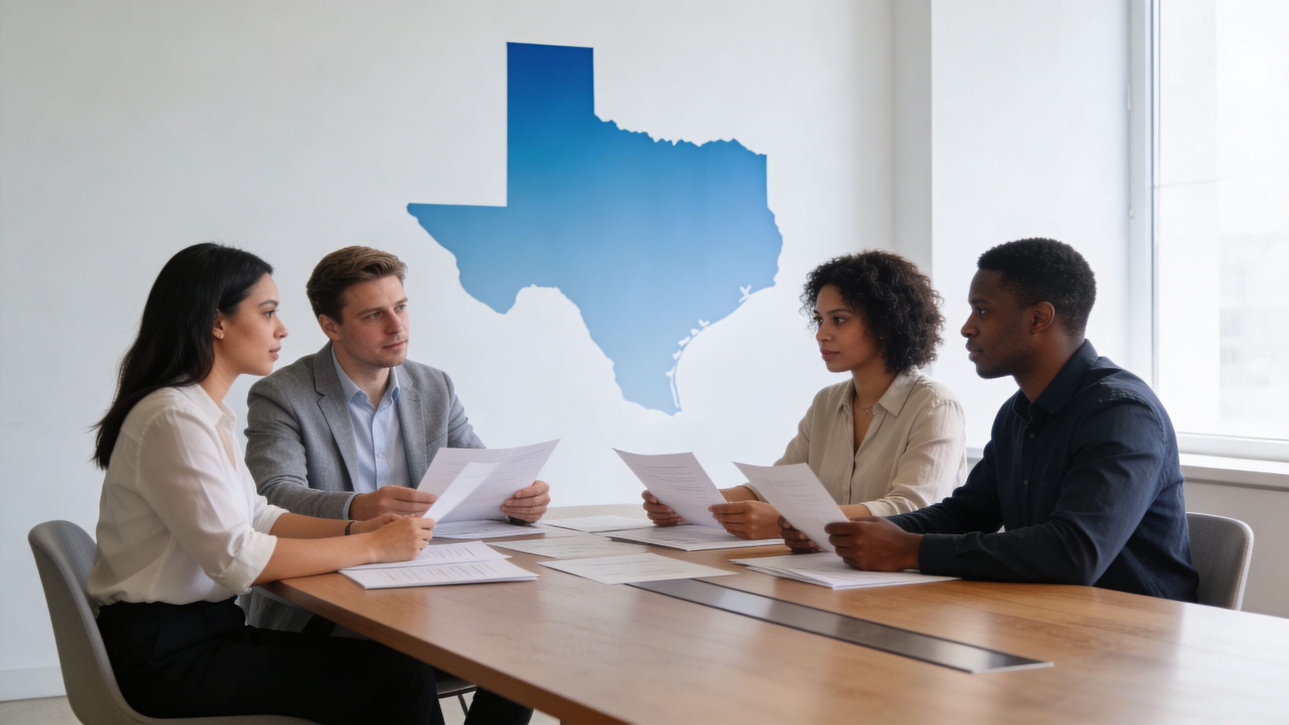 A professional team of four people sit at a conference table discussing legal documents in an office.
