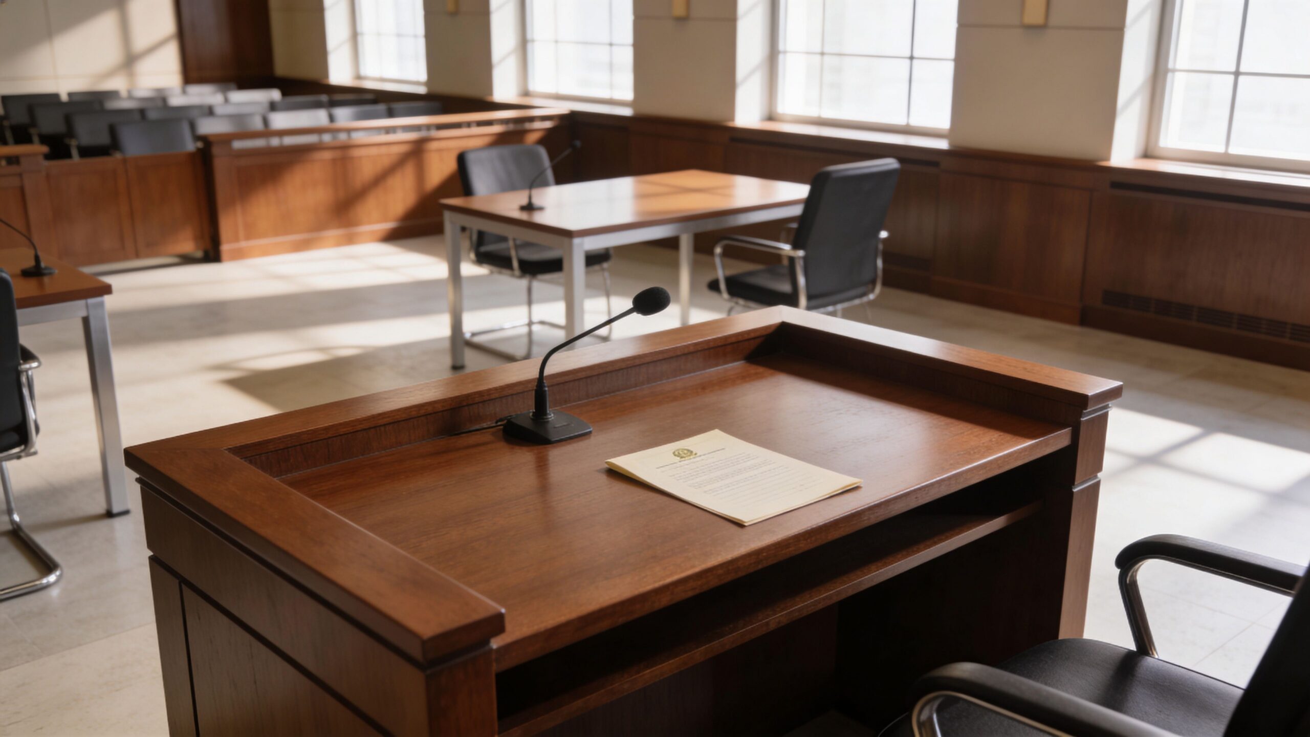An empty courtroom featuring a wooden witness stand, a microphone, and legal documents on the desk.