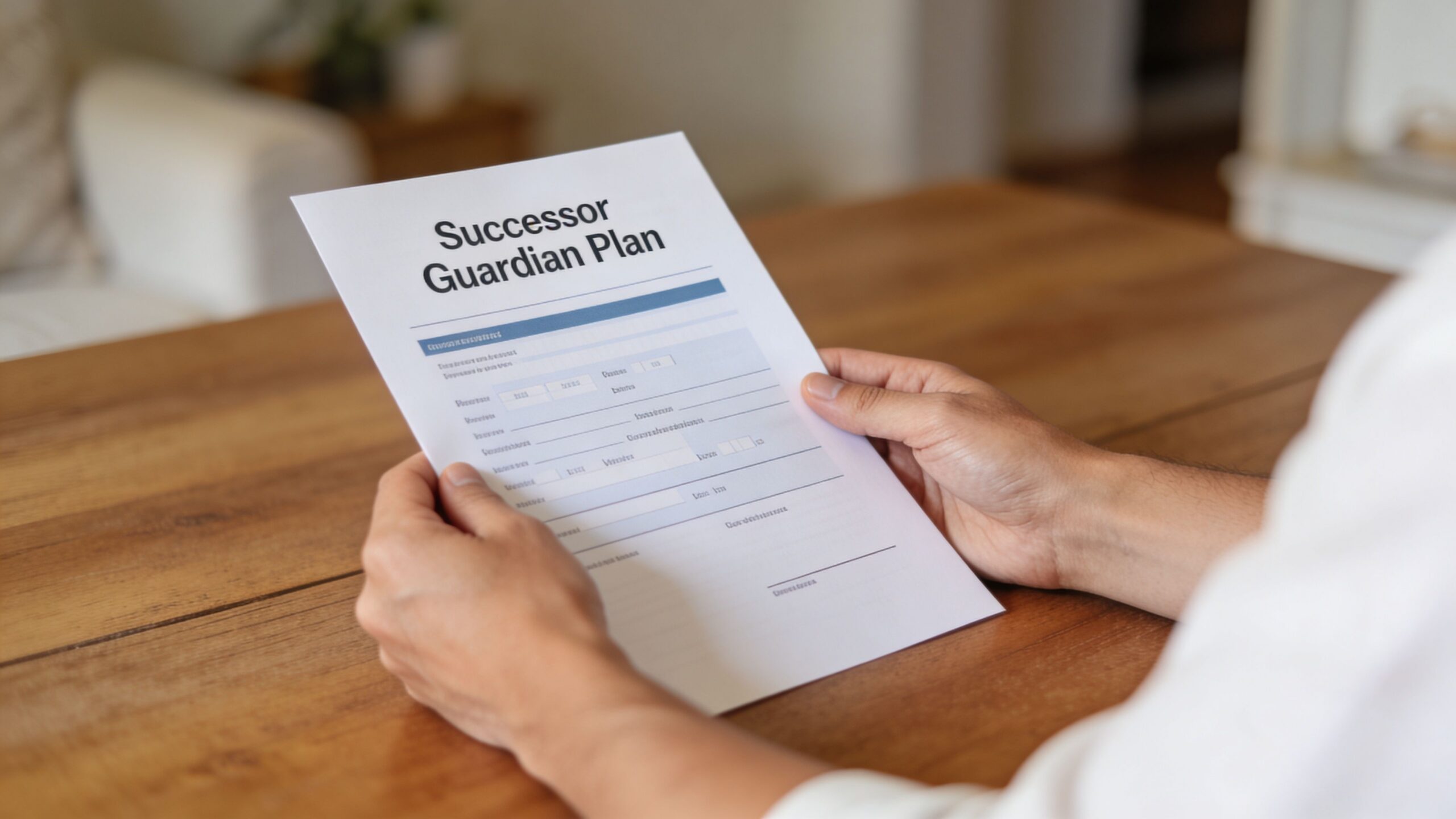 A person holding a Successor Guardian Plan document over a wooden table, focusing on legal estate planning.
