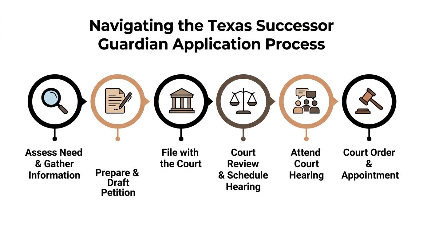 A six-step infographic process chart detailing the Texas successor guardian application steps from assessment to final court appointment.