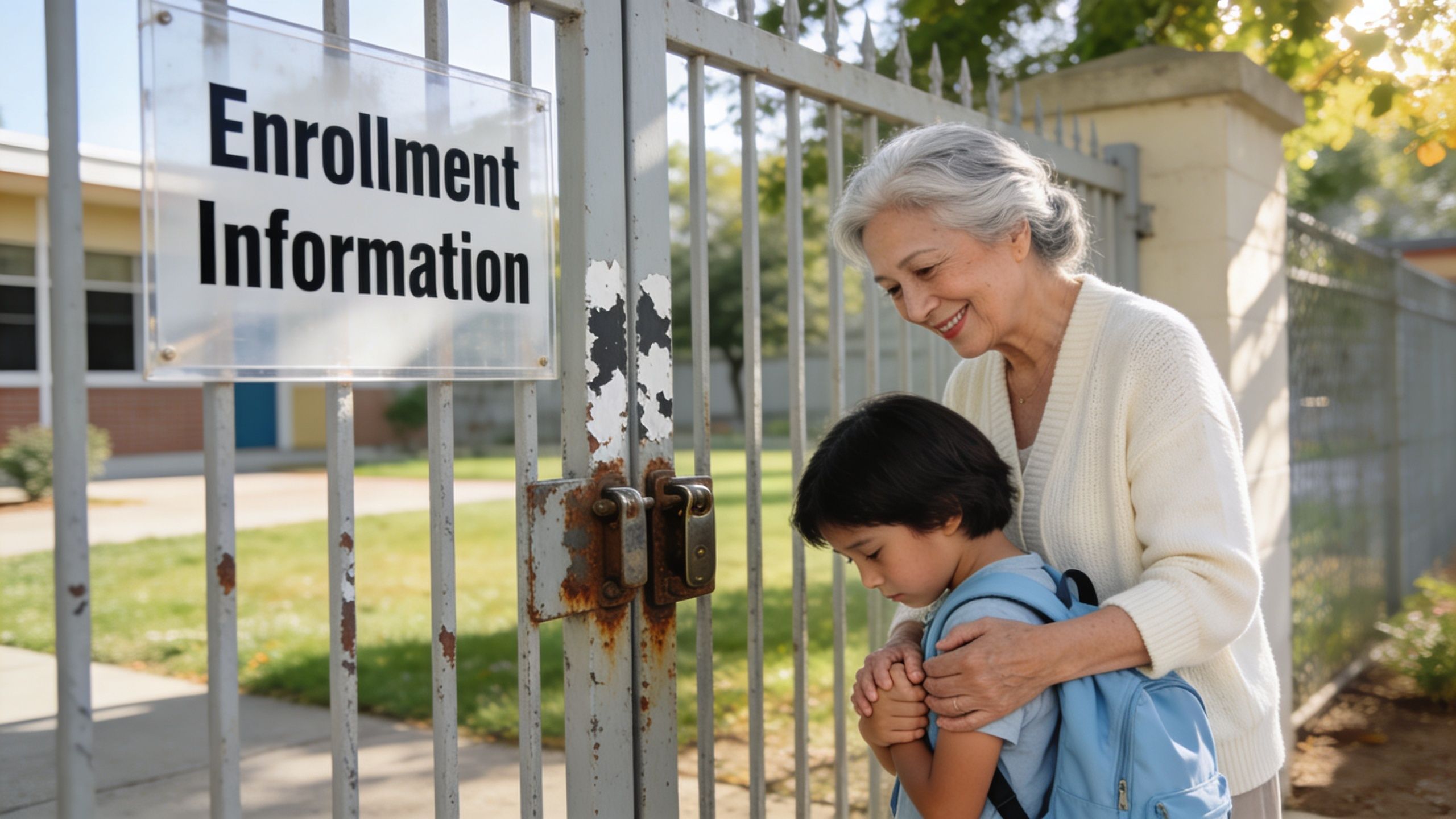 An older woman comforts a young child wearing a backpack outside a school gate with enrollment information.
