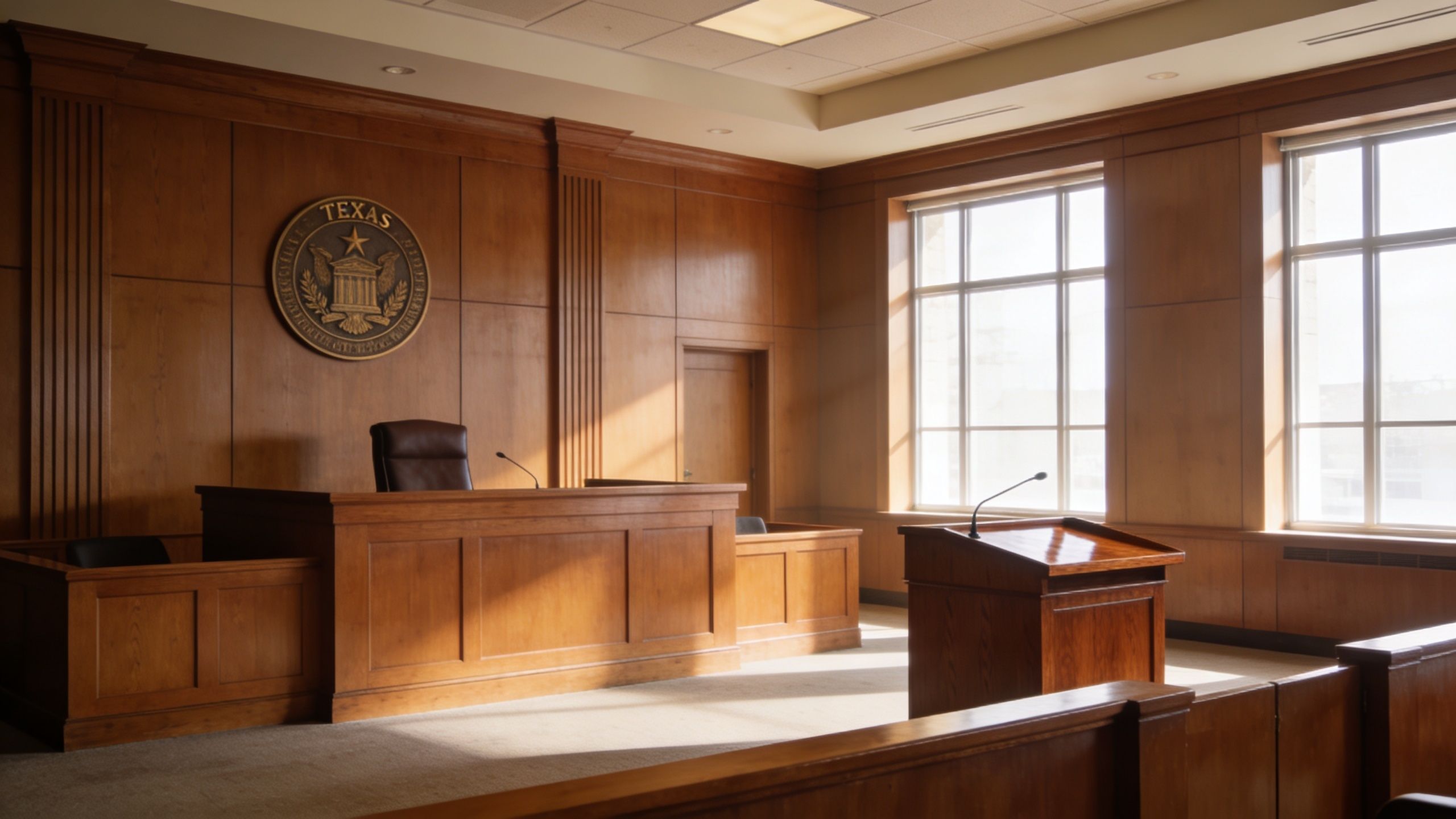 A professional, sunlit courtroom in Texas featuring the state seal on a wooden wall panel.