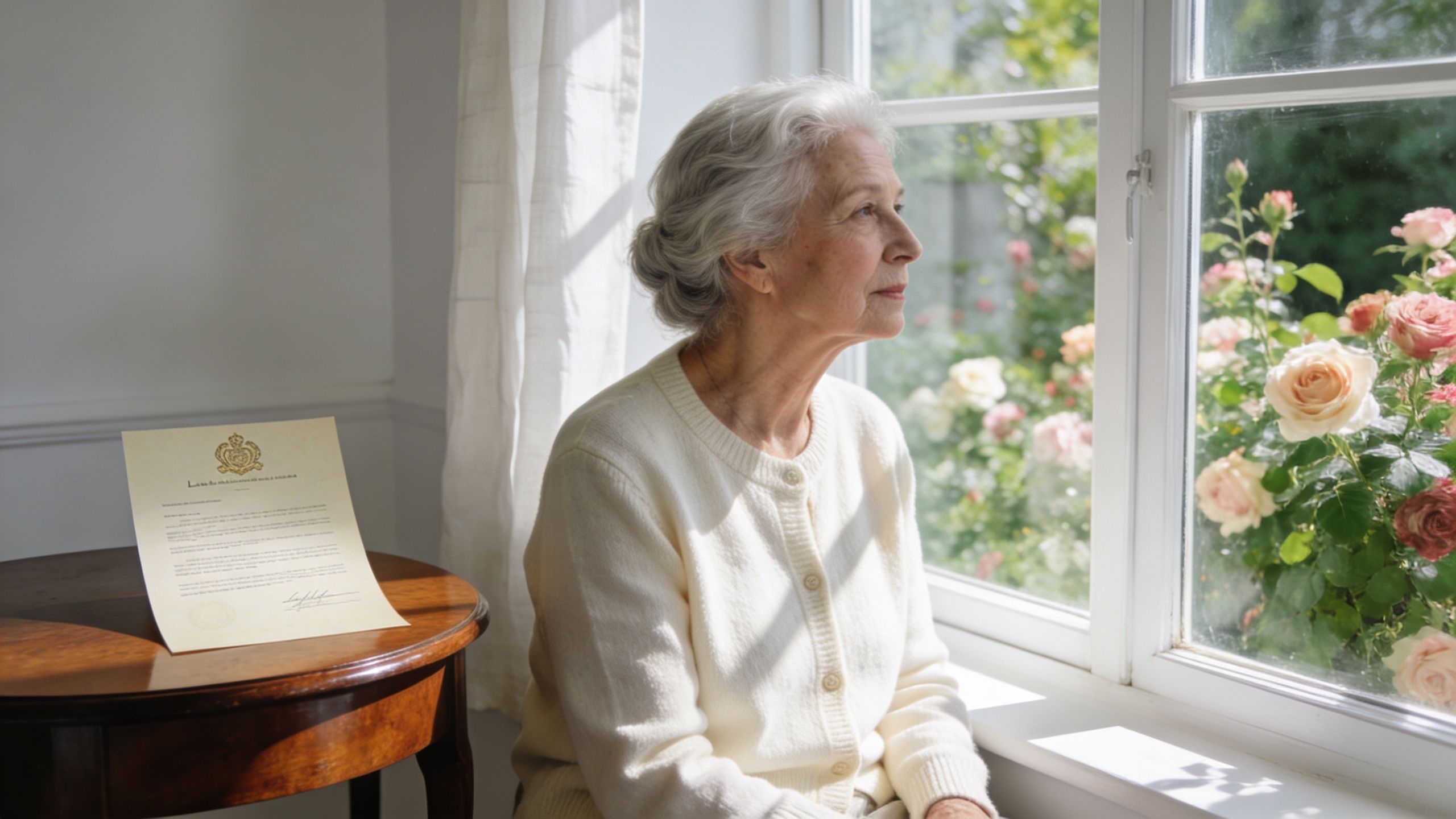 An elderly woman with grey hair sits thoughtfully by a window near a legal guardianship document.