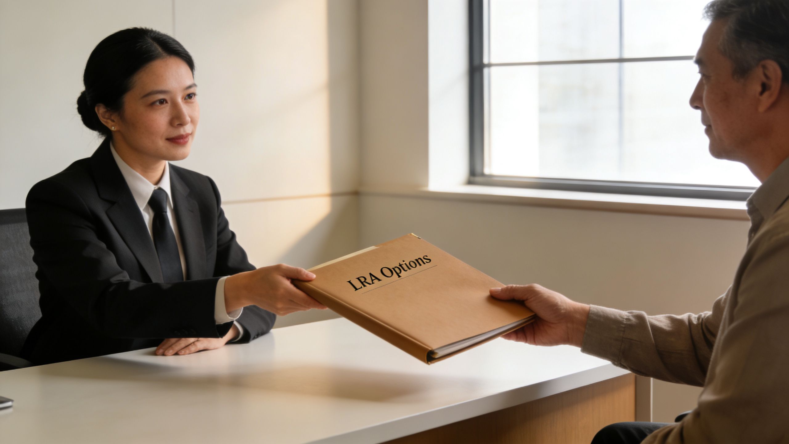 A professional woman in a suit hands a document folder labeled LRA Options to a man.