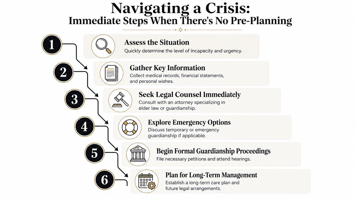 A six-step infographic outlining the immediate steps to take when navigating a crisis with no pre-planning.