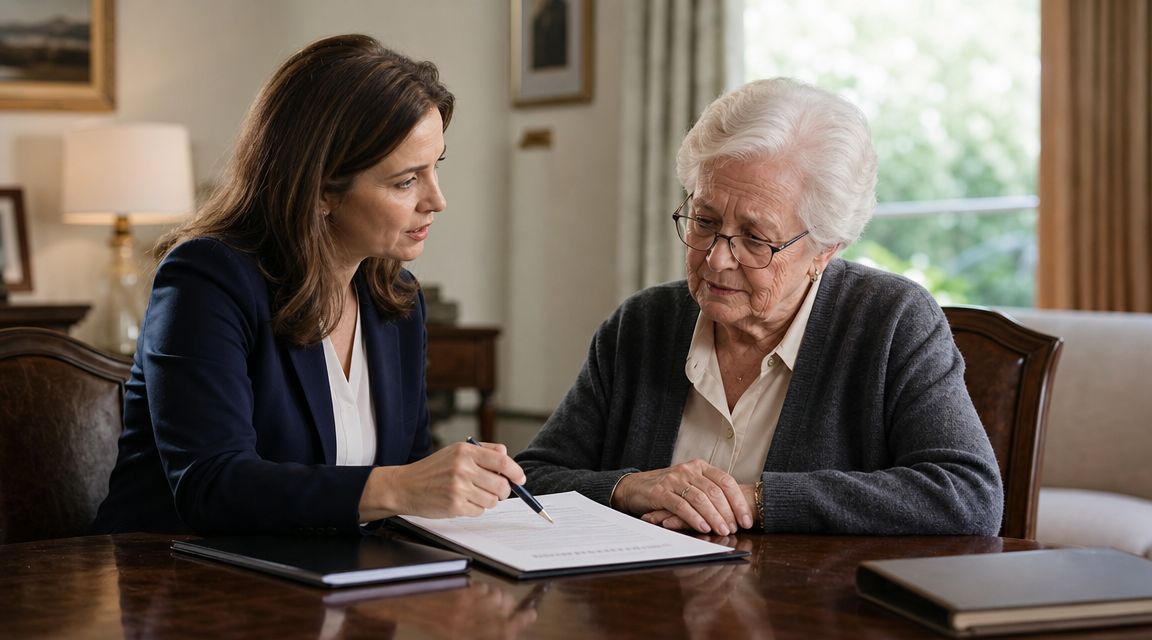 A professional woman in a suit consults with an elderly woman over legal documents at a table.