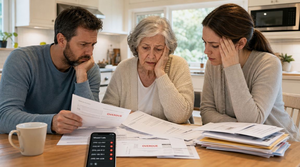 A concerned family sitting at a table with overdue financial documents and many missed phone calls.