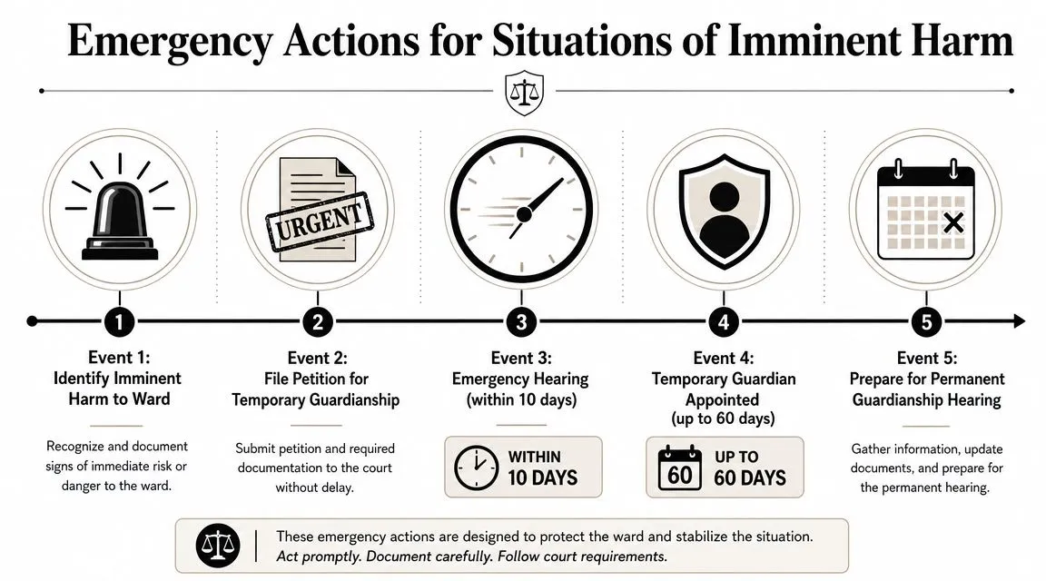 A flowchart showing five emergency steps for filing temporary guardianship to protect a ward from imminent harm.