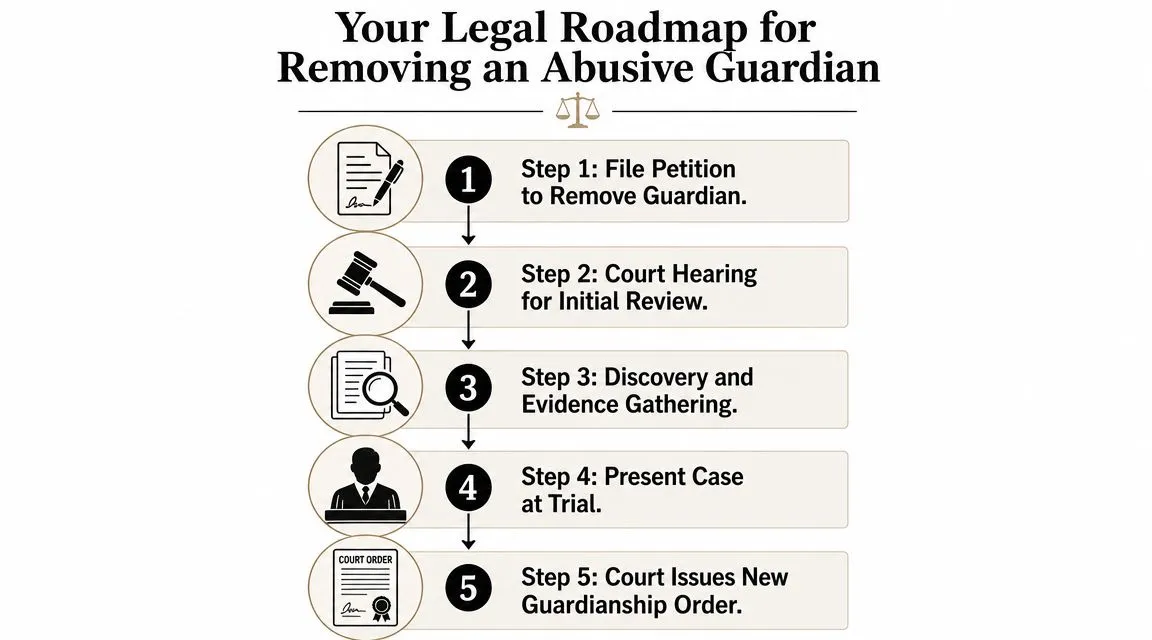 A flowchart titled Your Legal Roadmap for Removing an Abusive Guardian outlining five clear legal steps.