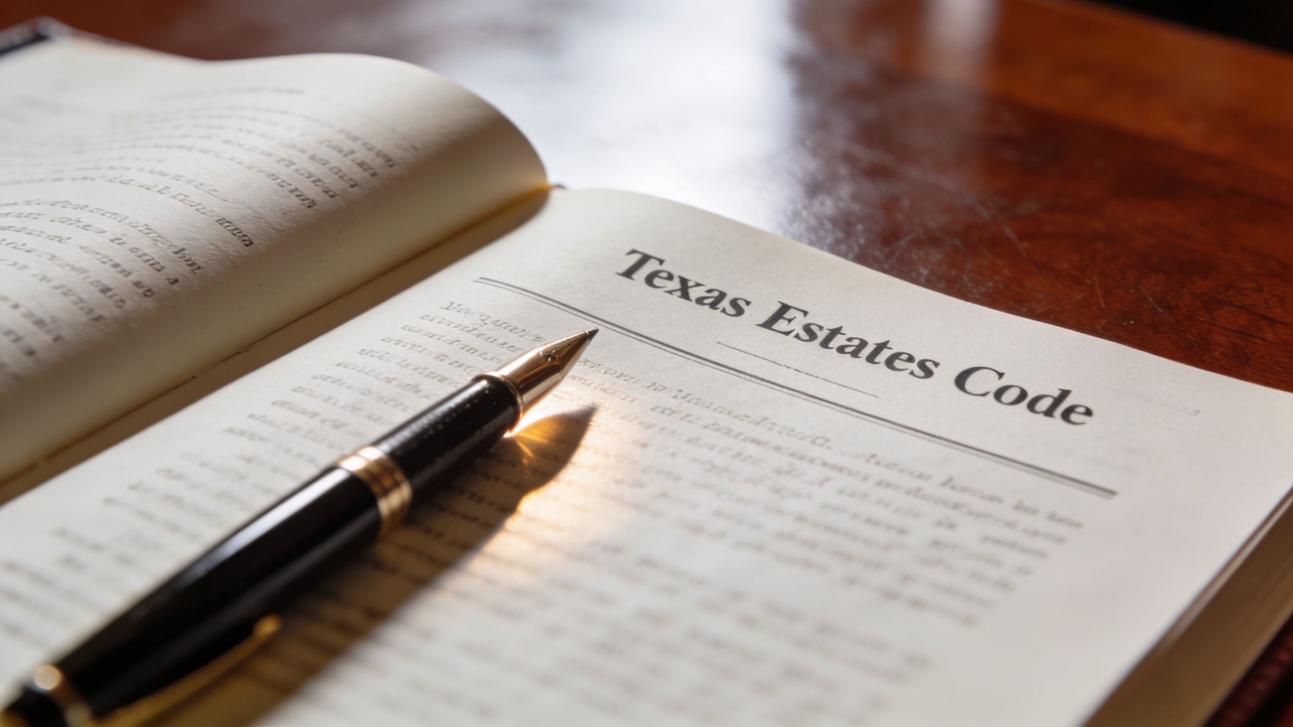 A professional fountain pen lying on an open Texas Estates Code law book on a wooden desk.