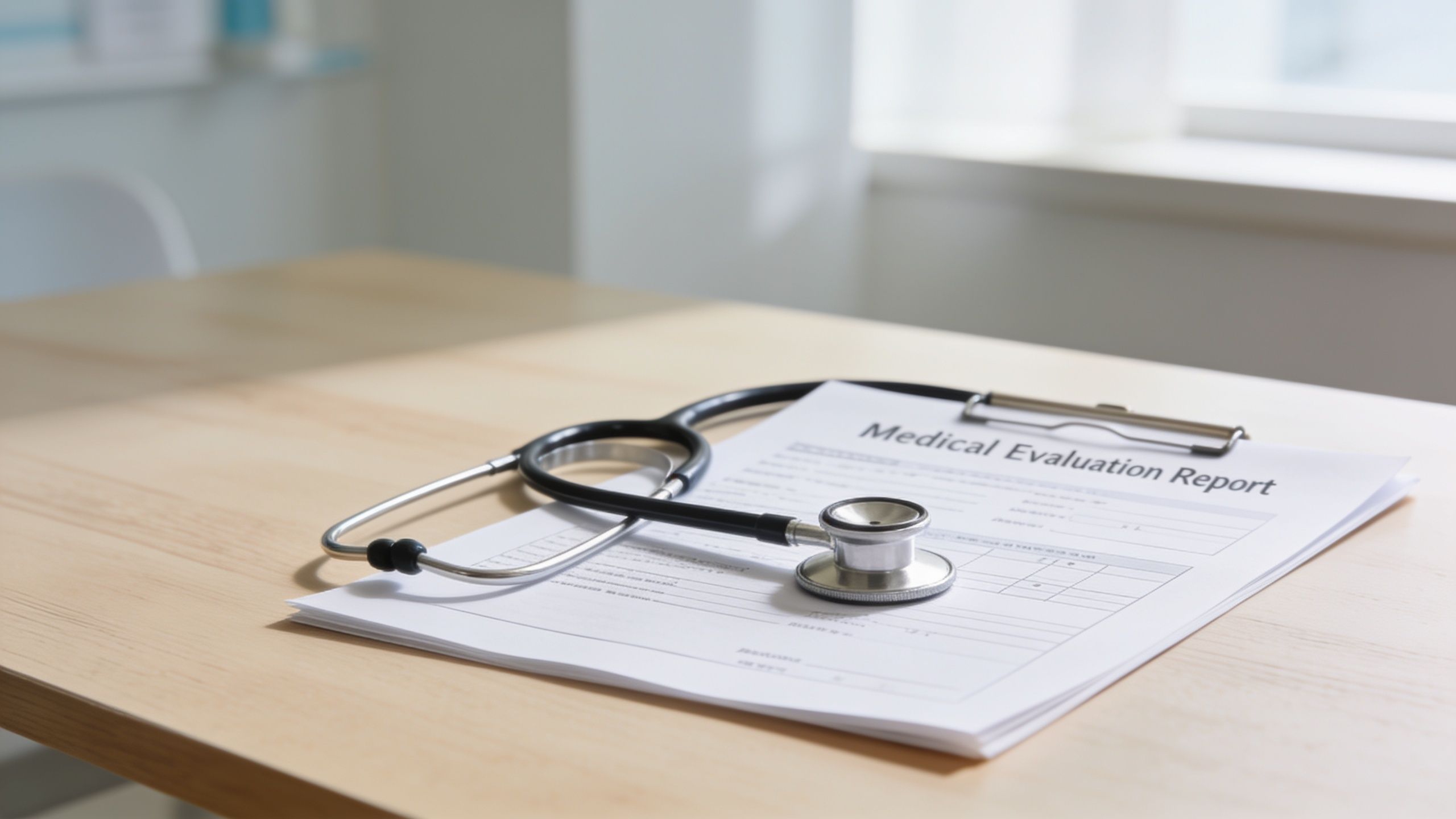 A stethoscope rests on top of a medical evaluation report form on a wooden desk.