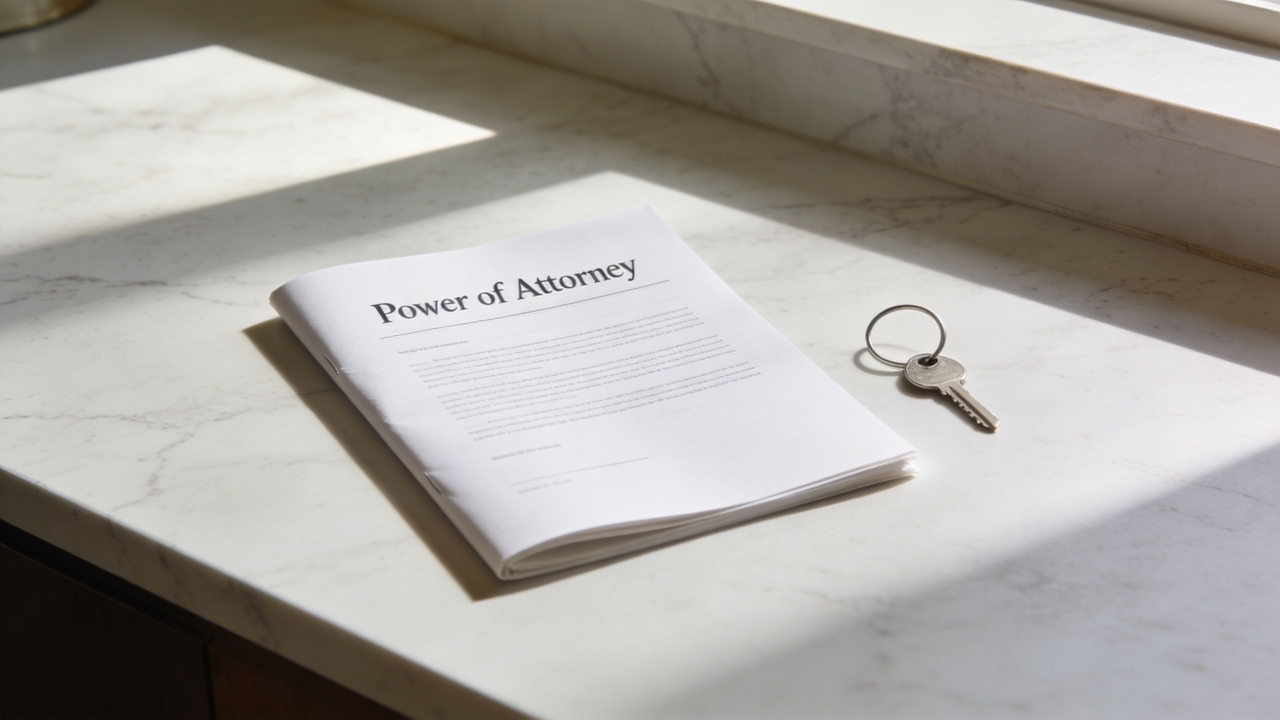 A document titled Power of Attorney and a single metal house key resting on a white marble surface.