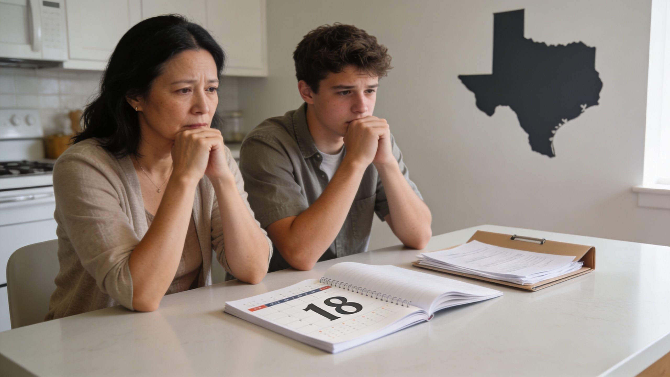 A concerned mother and son sit at a table looking at paperwork and a calendar in Texas.