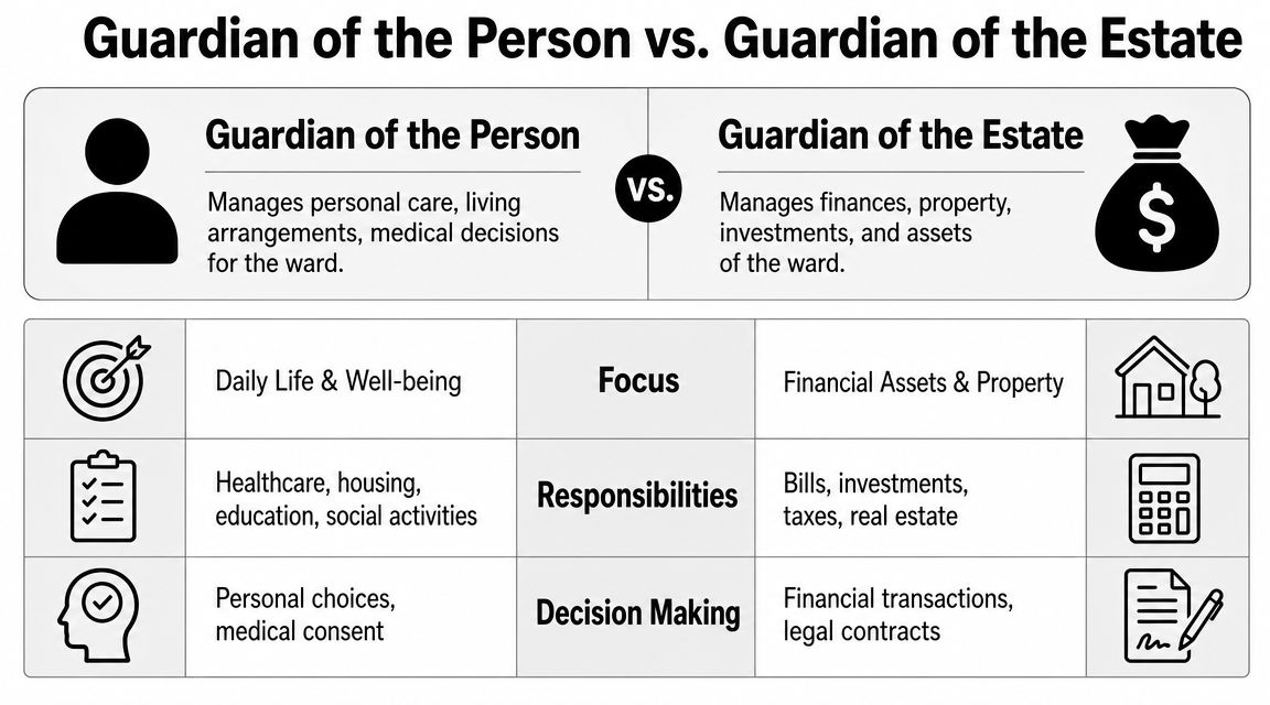 A comparison chart outlining the differences between a Guardian of the Person and a Guardian of the Estate.